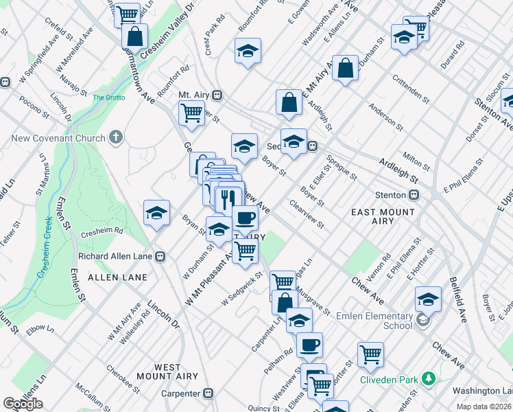 map of restaurants, bars, coffee shops, grocery stores, and more near 7129 Chew Avenue in Philadelphia