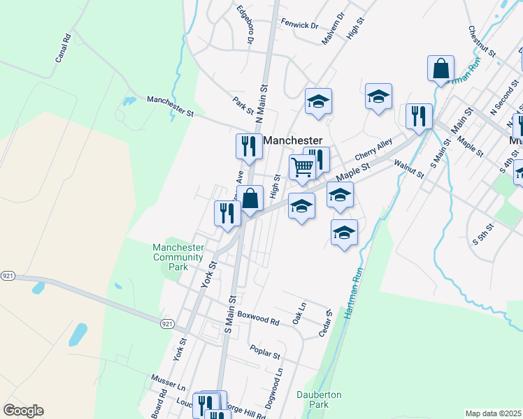 map of restaurants, bars, coffee shops, grocery stores, and more near 18 Maple Street in Manchester