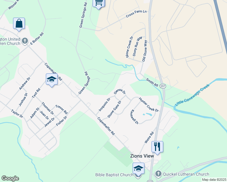 map of restaurants, bars, coffee shops, grocery stores, and more near 90 Sienna Drive in York