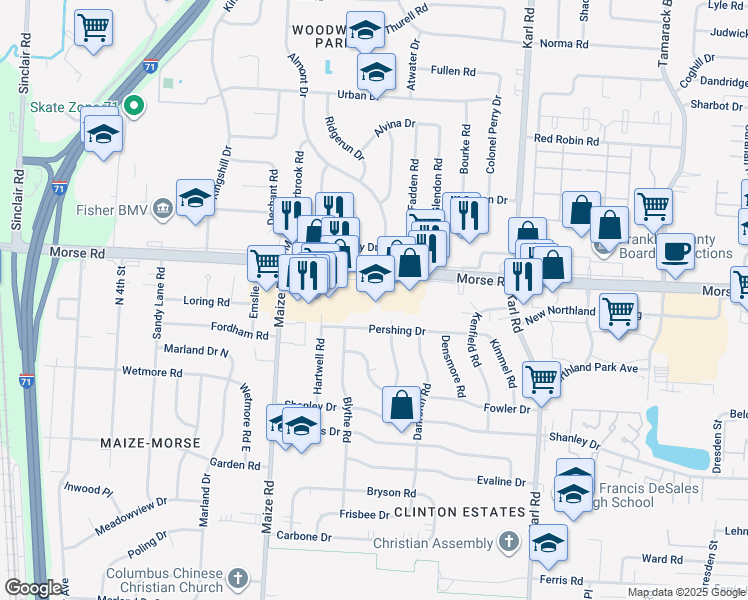 map of restaurants, bars, coffee shops, grocery stores, and more near in Columbus