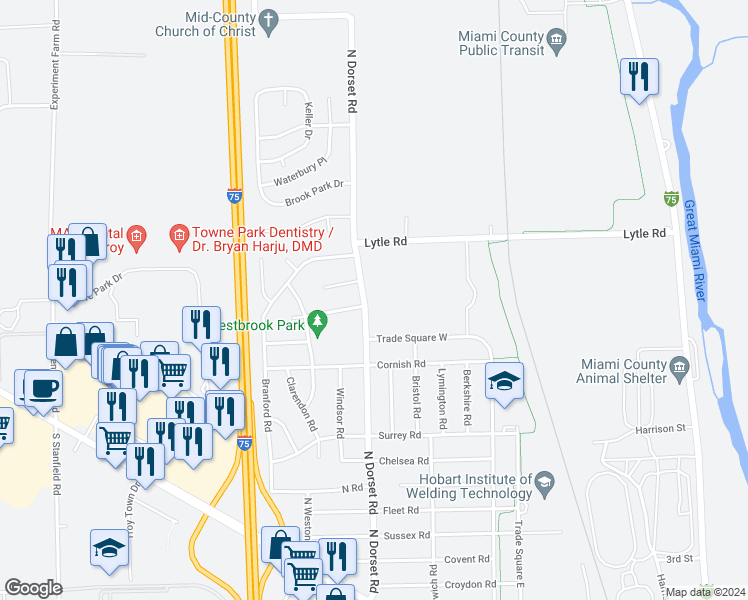 map of restaurants, bars, coffee shops, grocery stores, and more near 947 North Dorset Road in Troy
