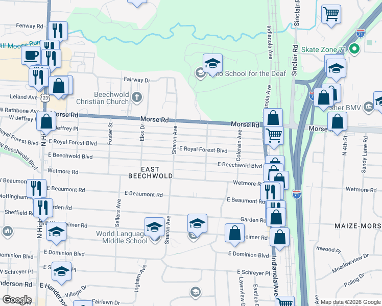 map of restaurants, bars, coffee shops, grocery stores, and more near 464 East Royal Forest Boulevard in Columbus