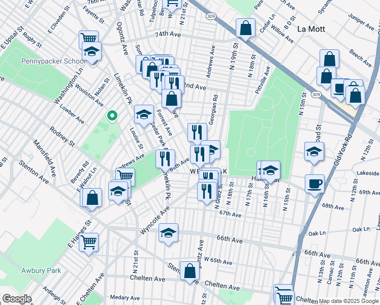 map of restaurants, bars, coffee shops, grocery stores, and more near 6908 Ogontz Avenue in Philadelphia