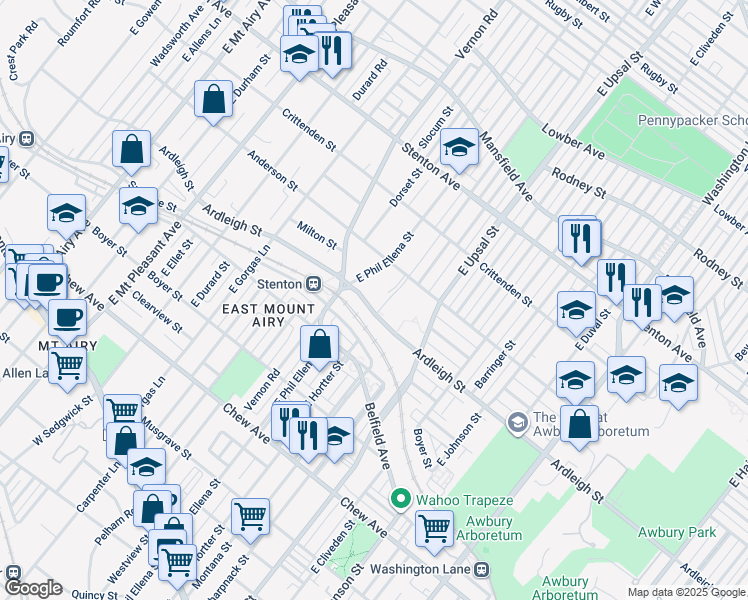 map of restaurants, bars, coffee shops, grocery stores, and more near 6621 Ardleigh Street in Philadelphia