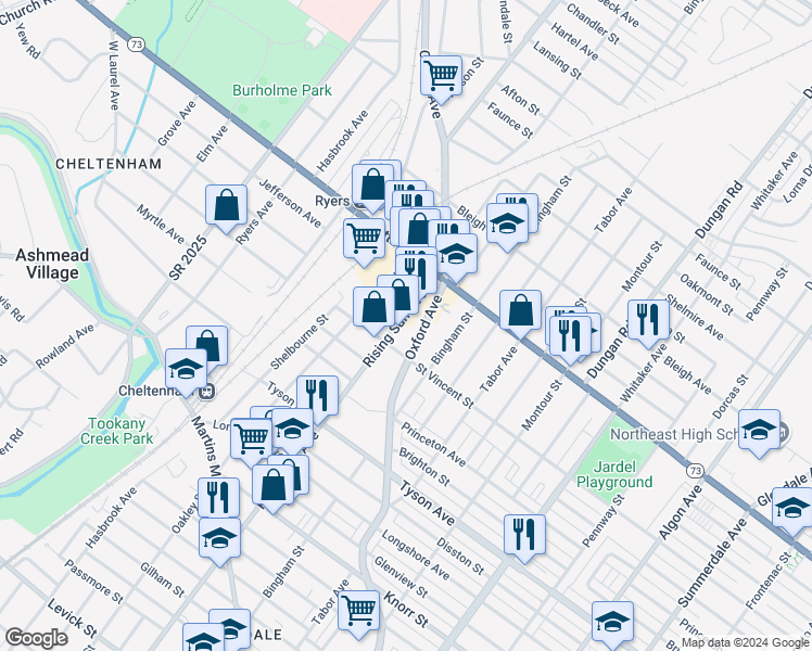 map of restaurants, bars, coffee shops, grocery stores, and more near 7217 Rising Sun Avenue in Philadelphia