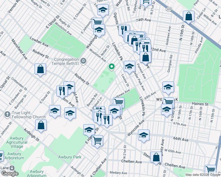 map of restaurants, bars, coffee shops, grocery stores, and more near 1650 East Walnut Lane in Philadelphia