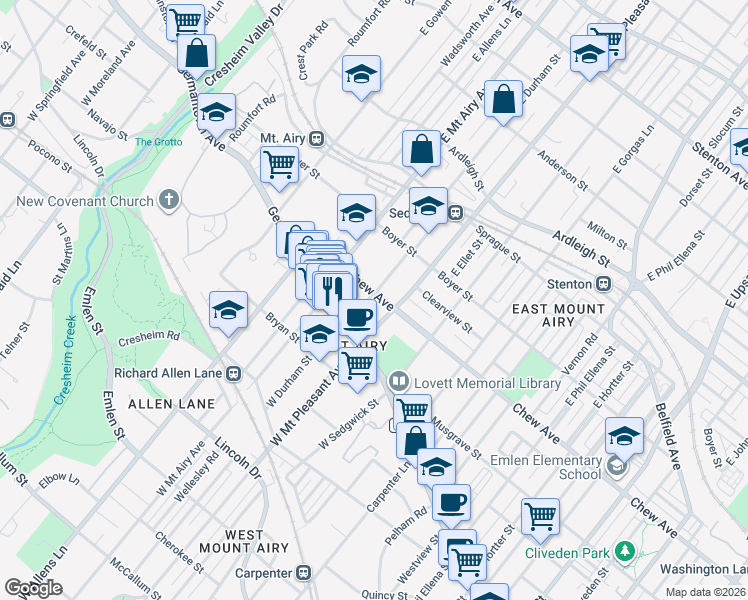 map of restaurants, bars, coffee shops, grocery stores, and more near 7129 Chew Avenue in Philadelphia