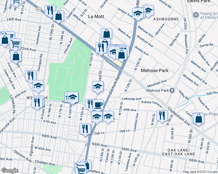 map of restaurants, bars, coffee shops, grocery stores, and more near 1307 70th Avenue in Philadelphia