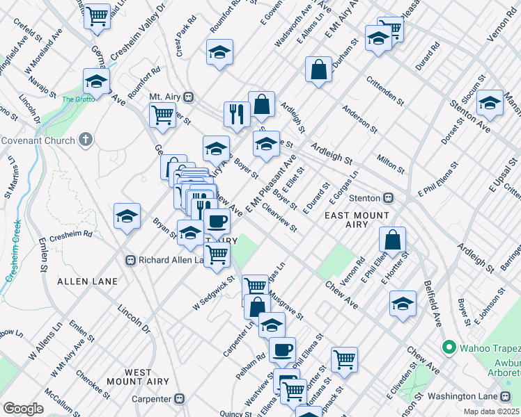 map of restaurants, bars, coffee shops, grocery stores, and more near 7020 Clearview Street in Philadelphia