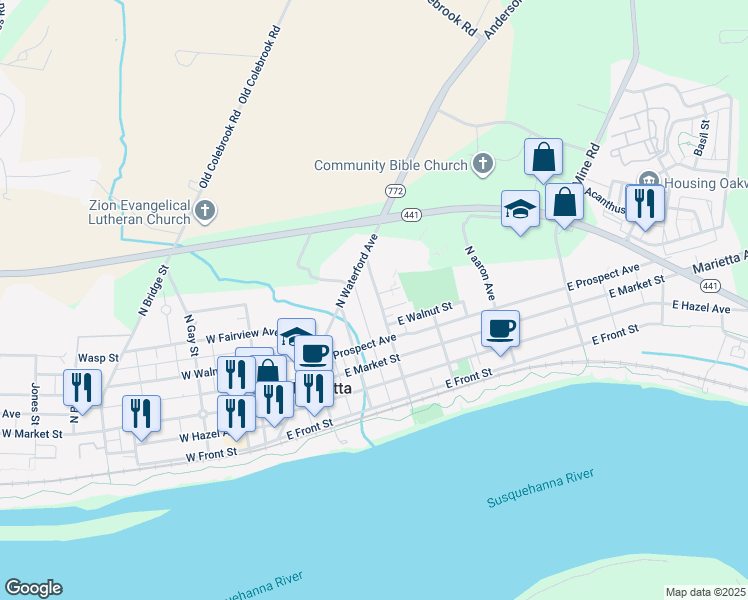 map of restaurants, bars, coffee shops, grocery stores, and more near 70 North Chestnut Street in Marietta