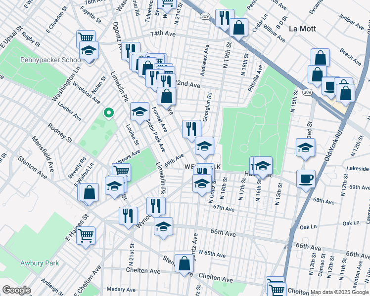 map of restaurants, bars, coffee shops, grocery stores, and more near 6908 Ogontz Avenue in Philadelphia