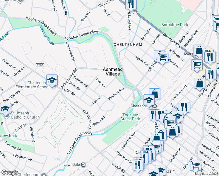 map of restaurants, bars, coffee shops, grocery stores, and more near 715 Foster Road in Cheltenham