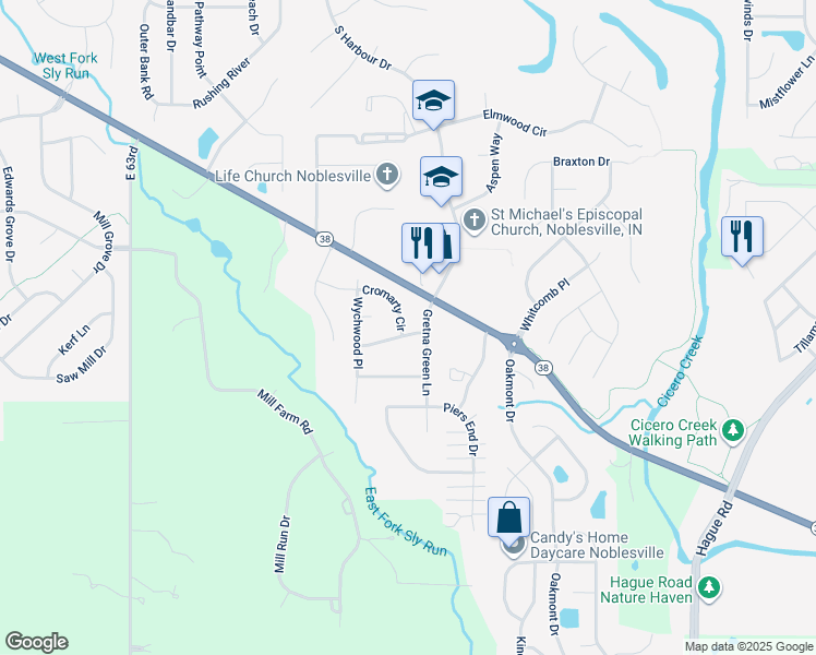 map of restaurants, bars, coffee shops, grocery stores, and more near 18755 Gretna Green Lane in Noblesville
