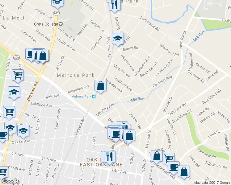 map of restaurants, bars, coffee shops, grocery stores, and more near 13 Asbury Avenue in Melrose Park