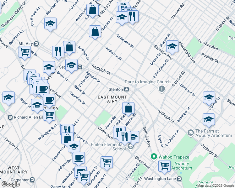 map of restaurants, bars, coffee shops, grocery stores, and more near 501 North Pleasant Place in Philadelphia