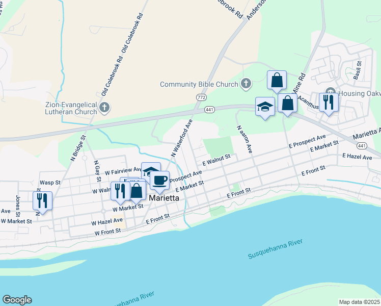 map of restaurants, bars, coffee shops, grocery stores, and more near 70 North Chestnut Street in Marietta