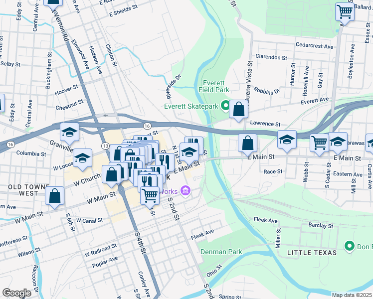 map of restaurants, bars, coffee shops, grocery stores, and more near 125 East Church Street in Newark