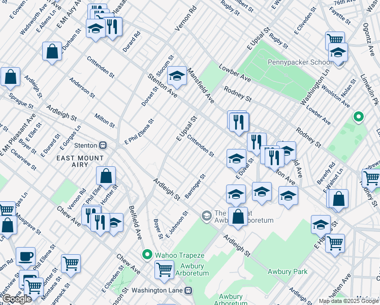 map of restaurants, bars, coffee shops, grocery stores, and more near 1227 East Cardeza Street in Philadelphia
