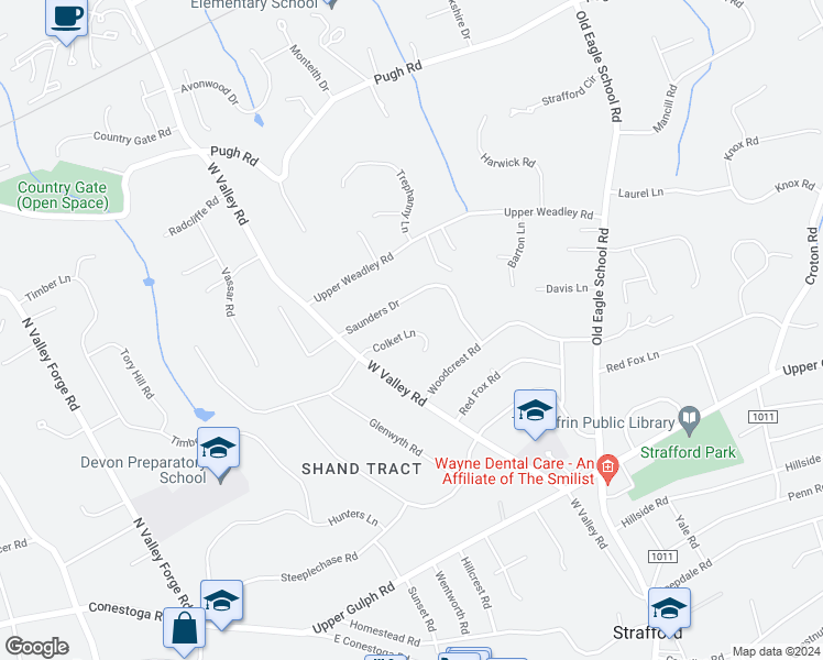 map of restaurants, bars, coffee shops, grocery stores, and more near 363 Colket Lane in Wayne