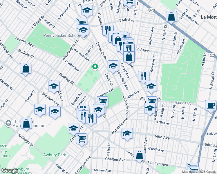 map of restaurants, bars, coffee shops, grocery stores, and more near 7015 Woolston Avenue in Philadelphia