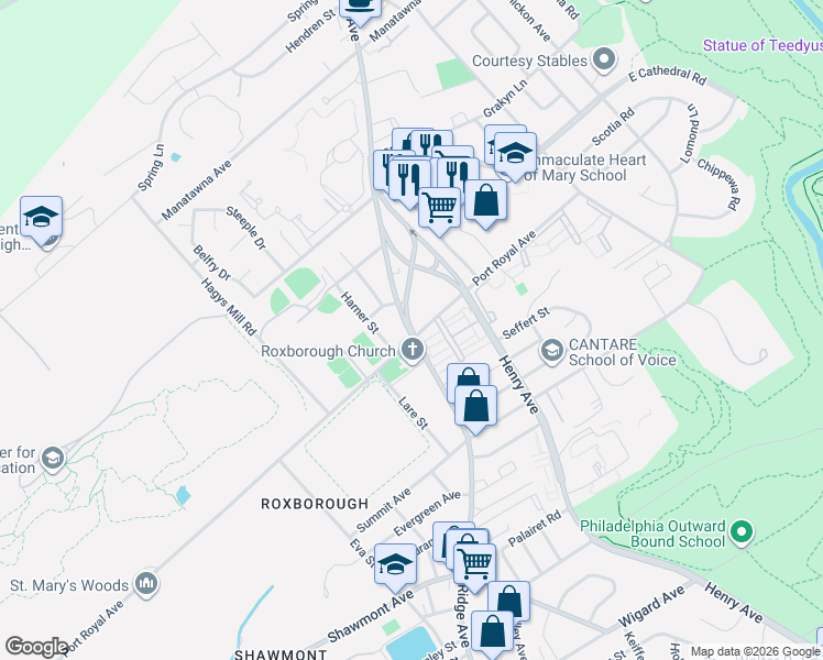 map of restaurants, bars, coffee shops, grocery stores, and more near 4213 Ridge Avenue Connector in Philadelphia