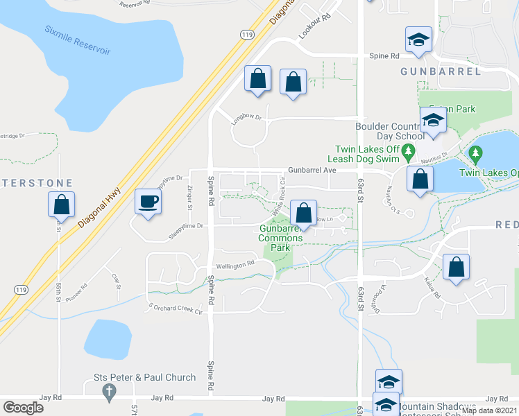 map of restaurants, bars, coffee shops, grocery stores, and more near 4879 White Rock Circle in Boulder