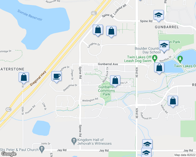 map of restaurants, bars, coffee shops, grocery stores, and more near 4879 White Rock Circle in Boulder