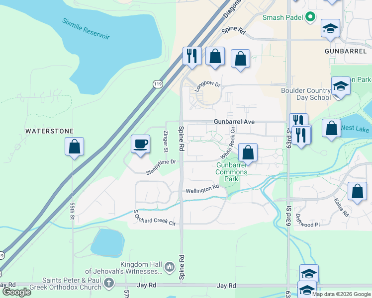 map of restaurants, bars, coffee shops, grocery stores, and more near 5924 Gunbarrel Avenue in Boulder