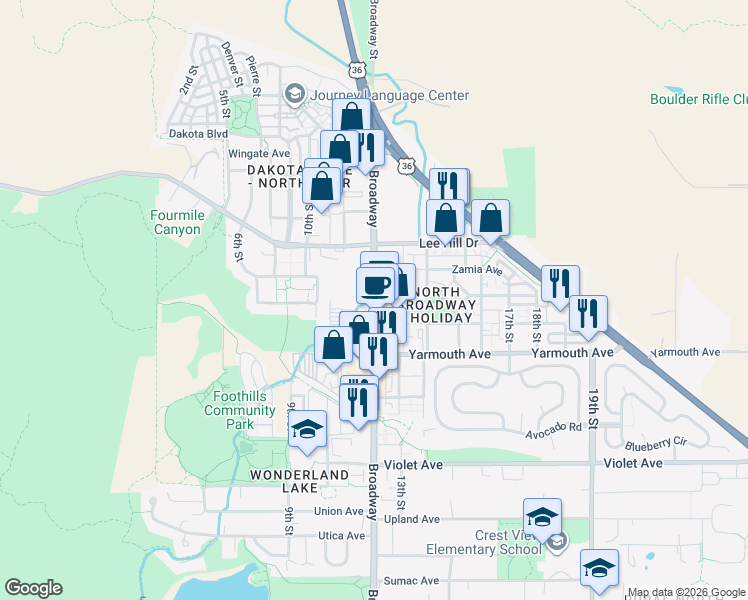 map of restaurants, bars, coffee shops, grocery stores, and more near 4730 Broadway in Boulder