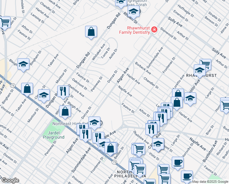map of restaurants, bars, coffee shops, grocery stores, and more near 7614 Algon Avenue in Philadelphia