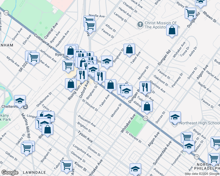 map of restaurants, bars, coffee shops, grocery stores, and more near 7312 Lawndale Avenue in Philadelphia