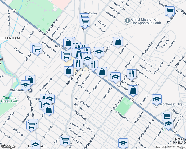 map of restaurants, bars, coffee shops, grocery stores, and more near 1024 Cottman Avenue in Philadelphia