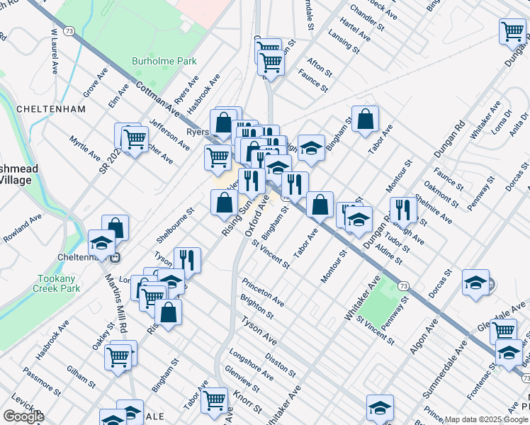 map of restaurants, bars, coffee shops, grocery stores, and more near 7237 Oxford Avenue in Philadelphia