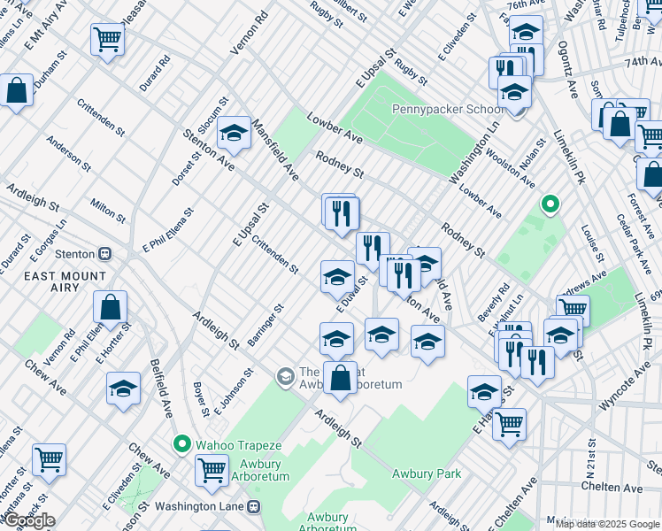 map of restaurants, bars, coffee shops, grocery stores, and more near 1334 Barringer Street in Philadelphia