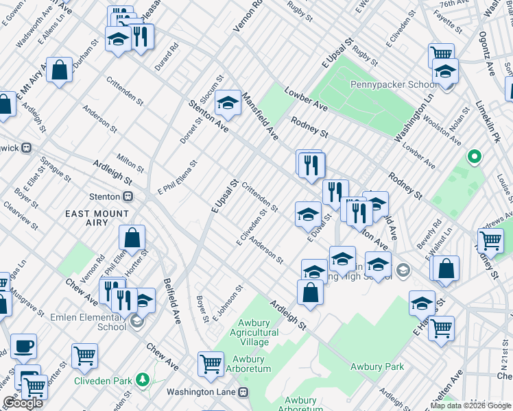 map of restaurants, bars, coffee shops, grocery stores, and more near 1247 East Cardeza Street in Philadelphia