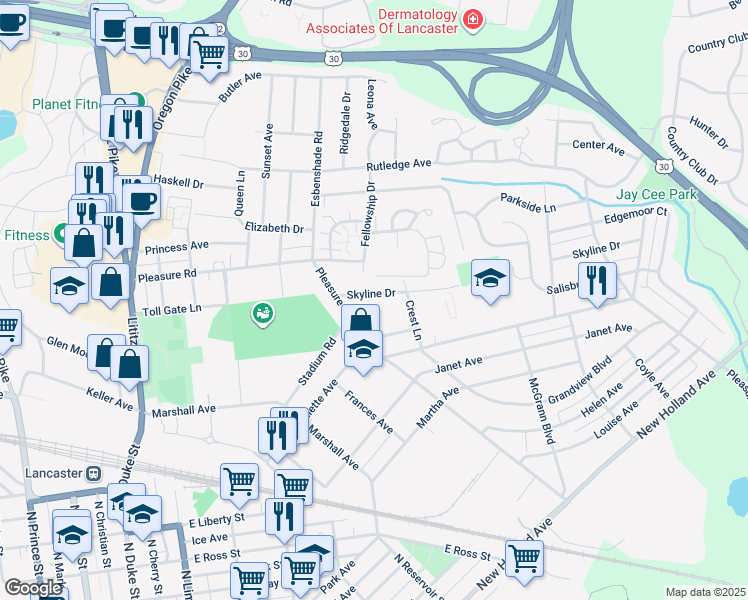 map of restaurants, bars, coffee shops, grocery stores, and more near 721 Skyline Drive in Lancaster