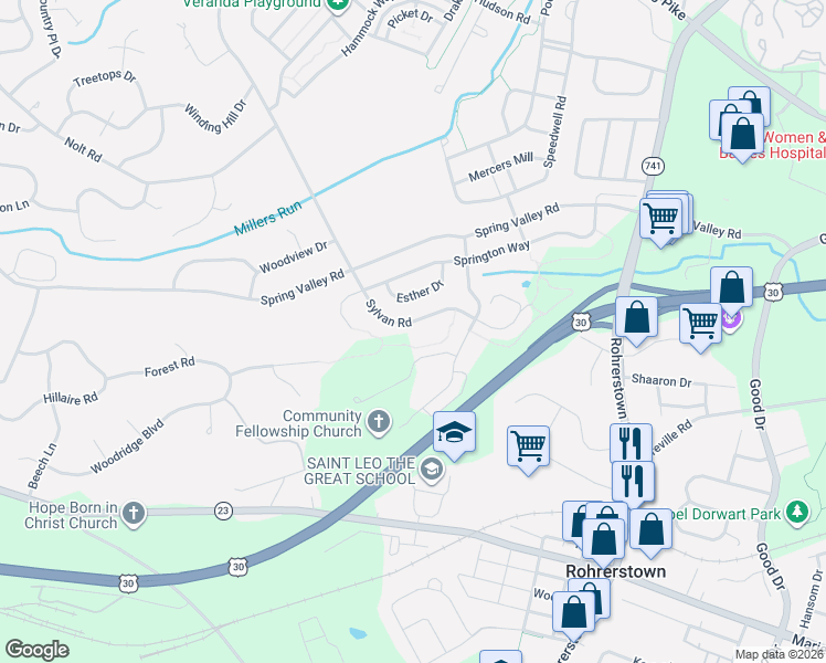 map of restaurants, bars, coffee shops, grocery stores, and more near 839 Sylvan Road in Lancaster
