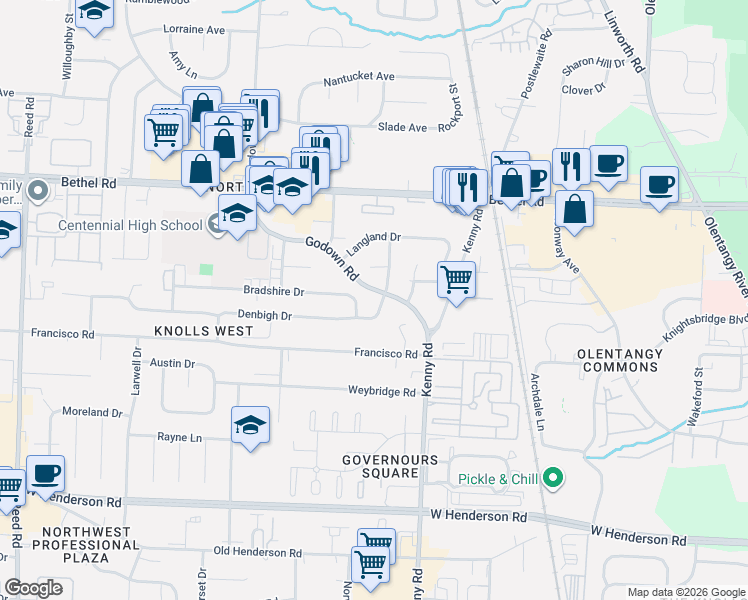 map of restaurants, bars, coffee shops, grocery stores, and more near 1227 Cheviot Court in Columbus