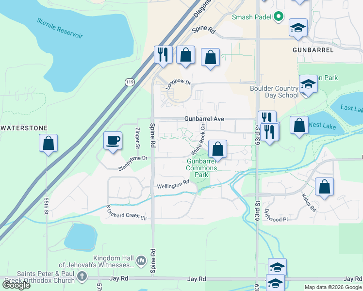 map of restaurants, bars, coffee shops, grocery stores, and more near 4823 White Rock Circle in Boulder