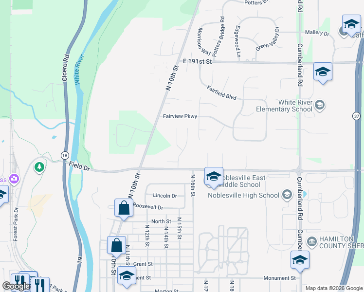 map of restaurants, bars, coffee shops, grocery stores, and more near 18748 Northridge Drive in Noblesville