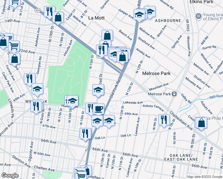 map of restaurants, bars, coffee shops, grocery stores, and more near 7016 Old York Road in Philadelphia