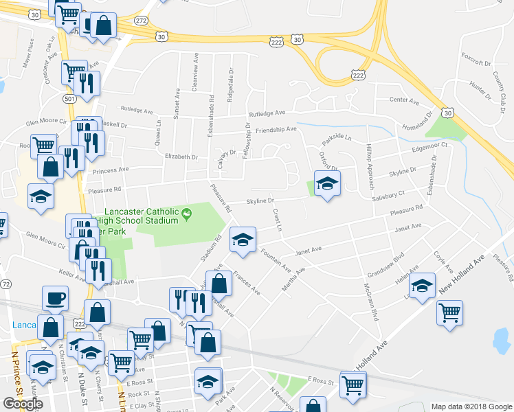 map of restaurants, bars, coffee shops, grocery stores, and more near 732 Skyline Drive in Lancaster