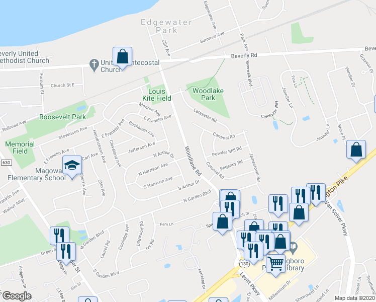 map of restaurants, bars, coffee shops, grocery stores, and more near Woodlane Road in Edgewater Park