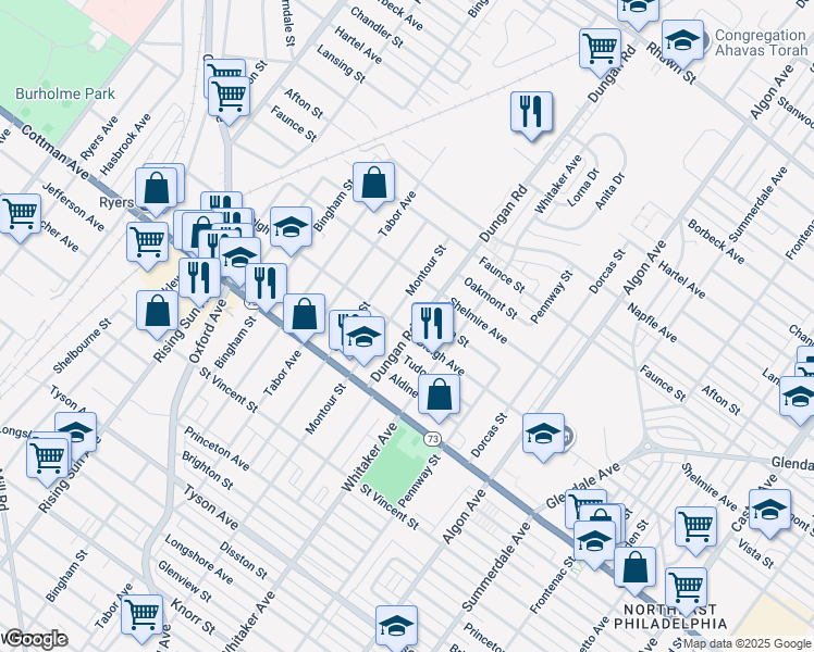 map of restaurants, bars, coffee shops, grocery stores, and more near 7400 Dungan Road in Philadelphia