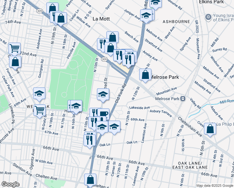 map of restaurants, bars, coffee shops, grocery stores, and more near 7016 Old York Road in Philadelphia
