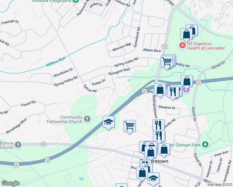 map of restaurants, bars, coffee shops, grocery stores, and more near 796 Sylvan Road in Lancaster