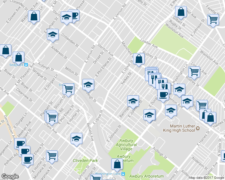 map of restaurants, bars, coffee shops, grocery stores, and more near 706 East Upsal Street in Philadelphia
