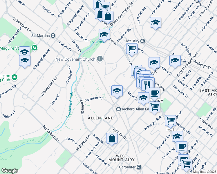 map of restaurants, bars, coffee shops, grocery stores, and more near 7366 Rural Lane in Philadelphia