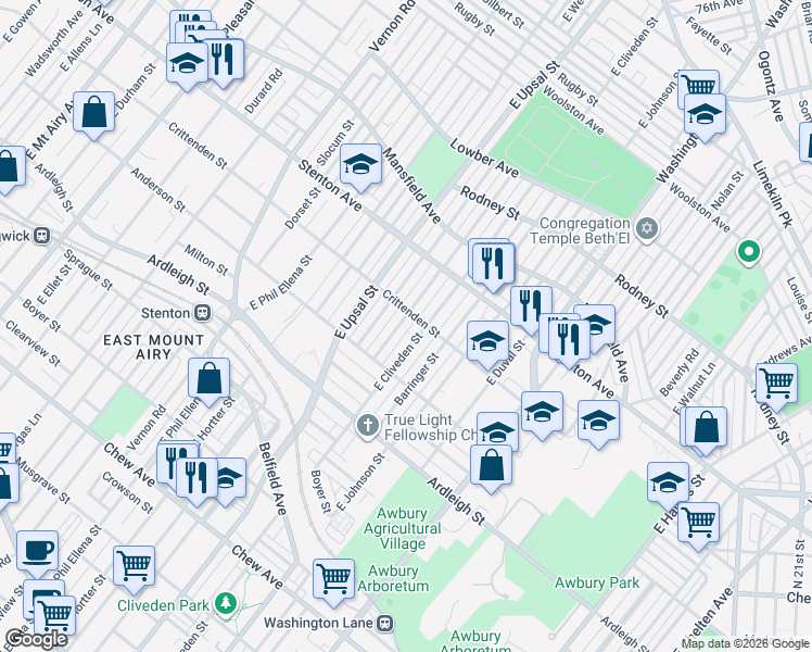 map of restaurants, bars, coffee shops, grocery stores, and more near 1247 East Cardeza Street in Philadelphia