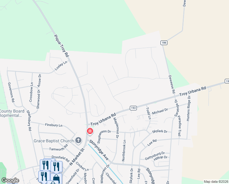 map of restaurants, bars, coffee shops, grocery stores, and more near 1065 Windmill Court in Troy